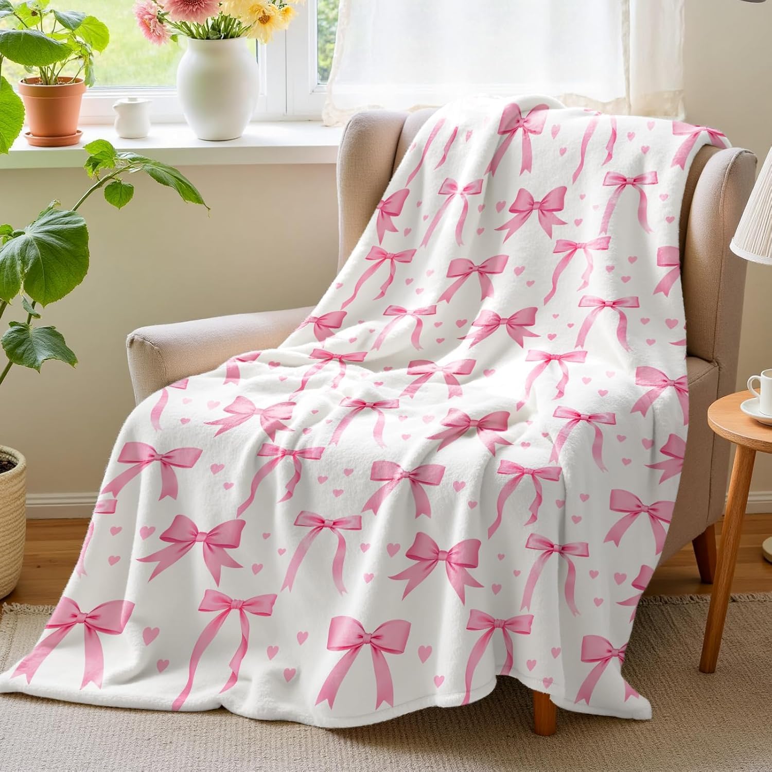 Baby Nursery Decor Girl - VIKAMA Pink Bow Blanket, Soft And