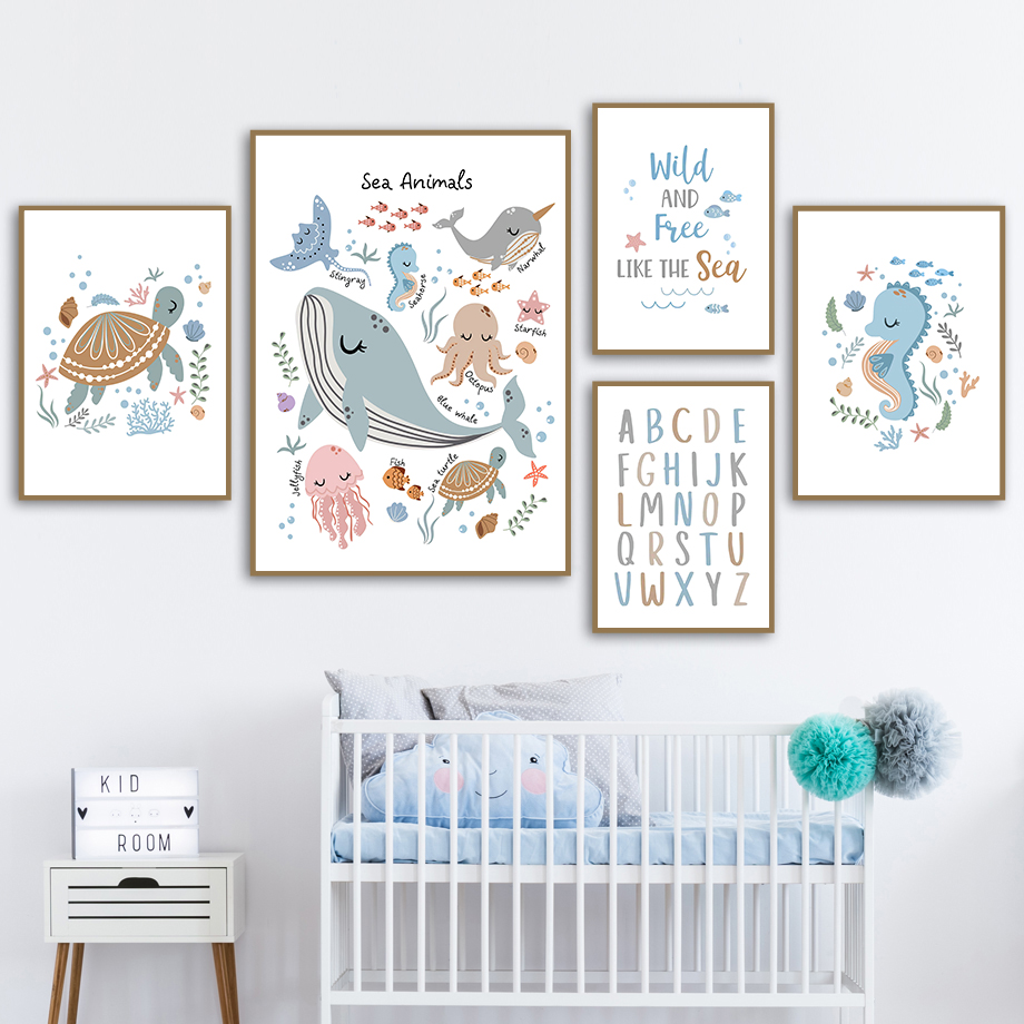 Baby Nursery Animal Prints - Unframe Ocean Animals Sea Turtle Whale