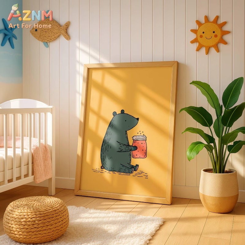 Baby Nursery Animal Prints - AZNM Cartoon Bear Honey Jar Canvas