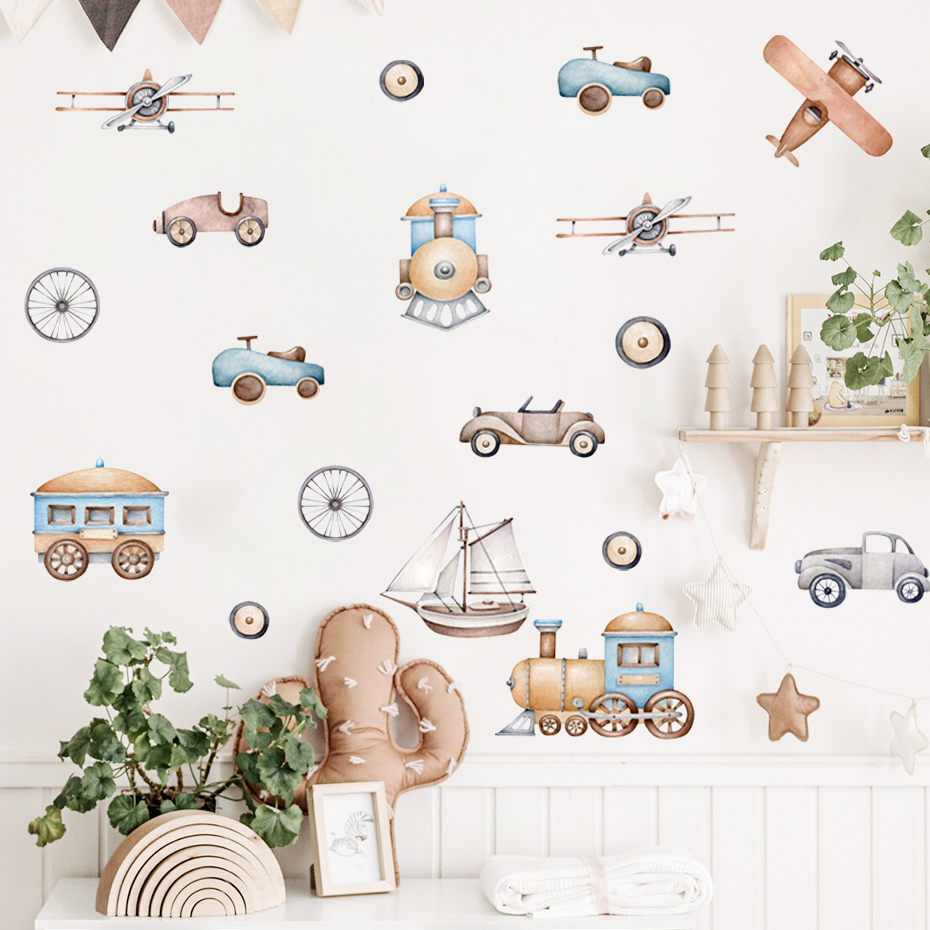 Wall Decal Nursery - Watercolor Cartoon Airplane Train Wall Stickers
