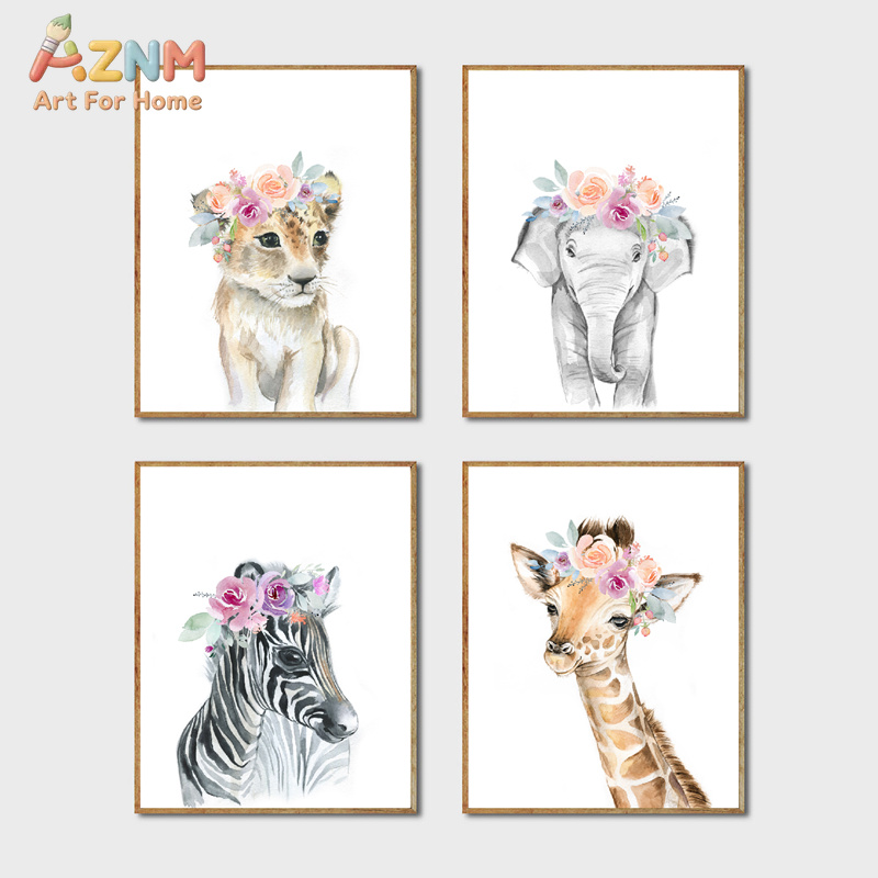 Baby Nursery Animal Prints - Animals Floral Crown Art Decor Canvas