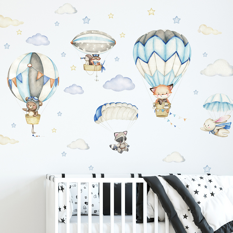 Baby Nursery Animal Prints - Cartoon Cute Animals Hot Air Balloon