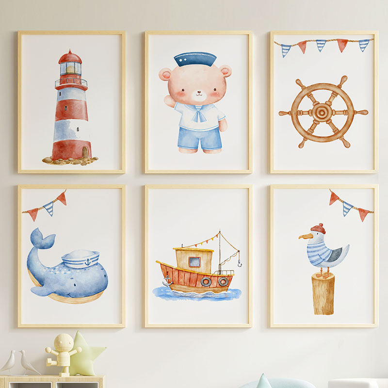 Baby Nursery Paintings - Bear Whale Sailboat Lighthouse Nautical Nursery