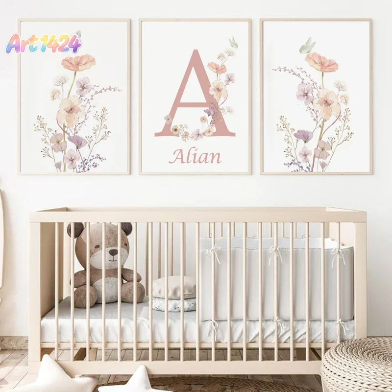 Baby Nursery Paintings - Personalized Name Wildflower Nursery Decoration Poster