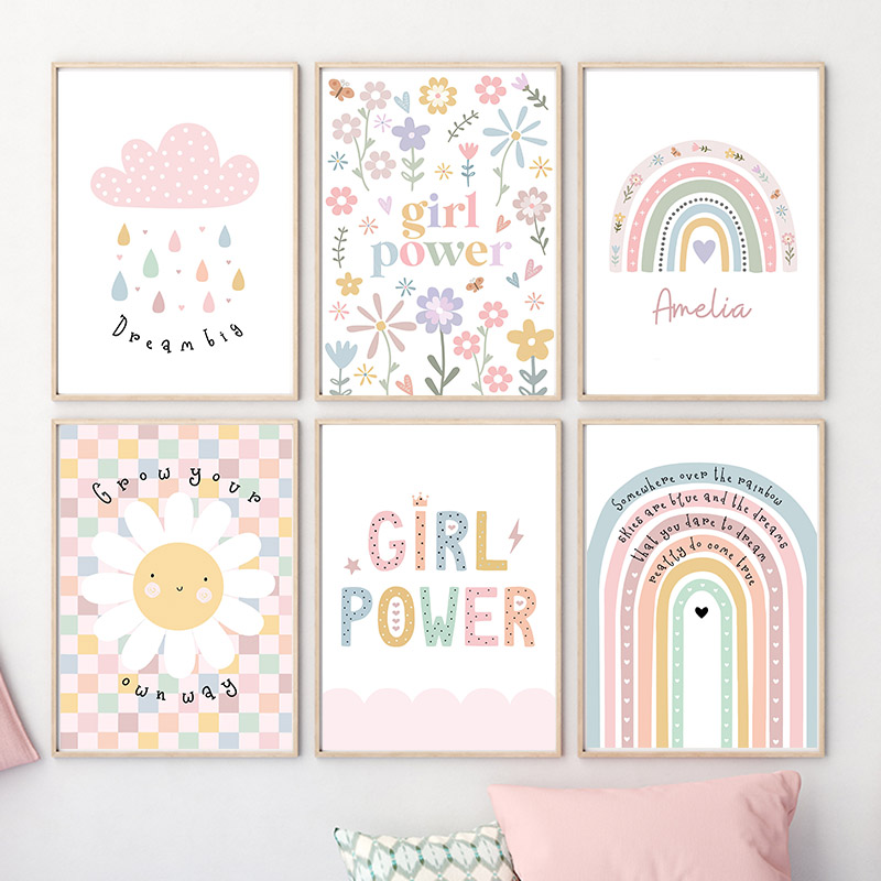 Baby Nursery Paintings - Sun Flower Rainbow Cloud Heart Nursery