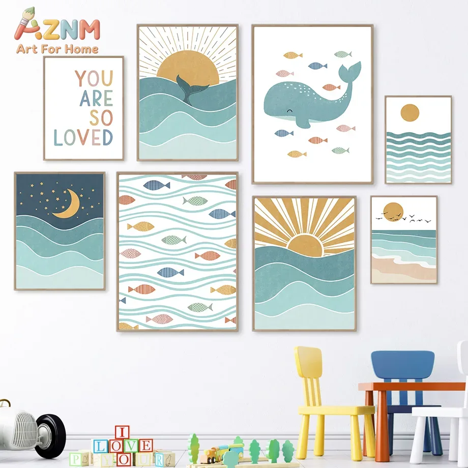 AZNM Boho Ocean Canvas Wall Ar - đánh giá và giá Baby Nursery Paintings