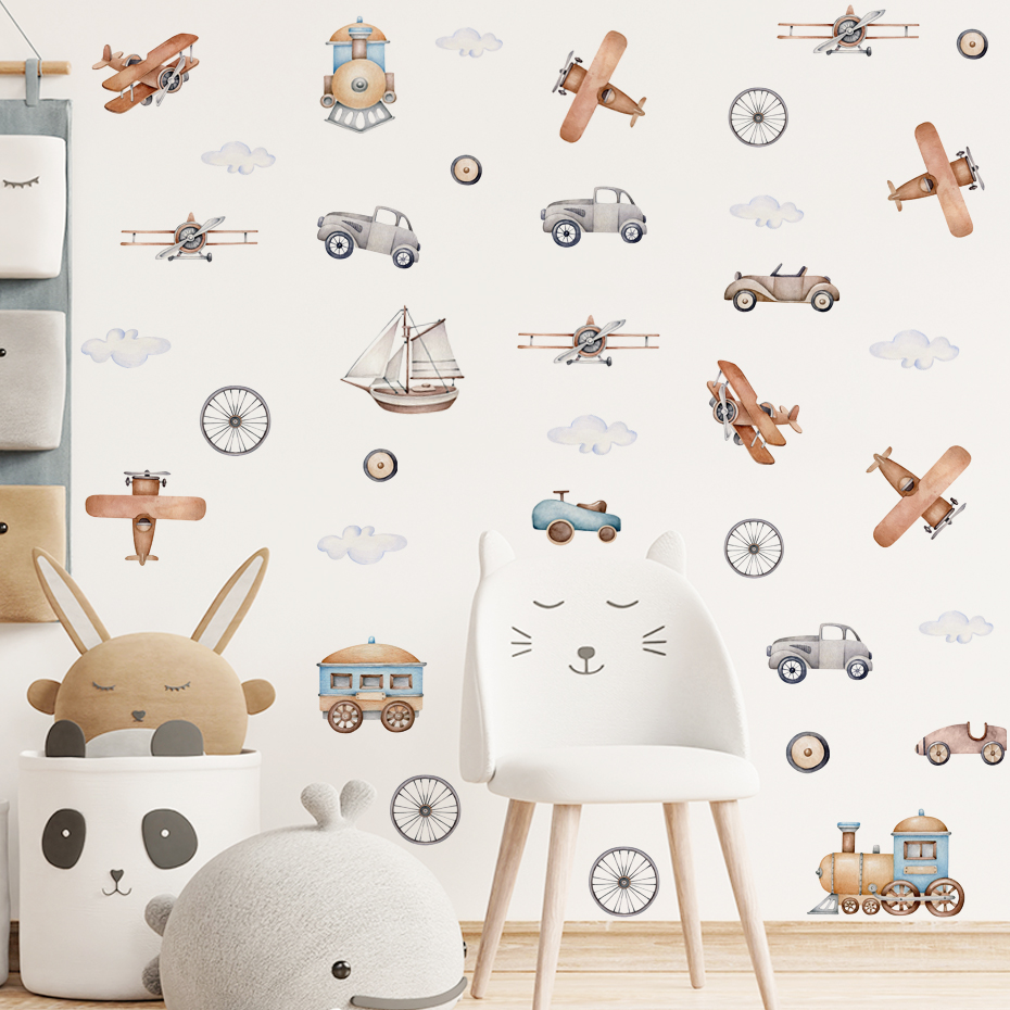Watercolor Cartoon Airplane Tr - đánh giá và giá Wall Decal Nursery