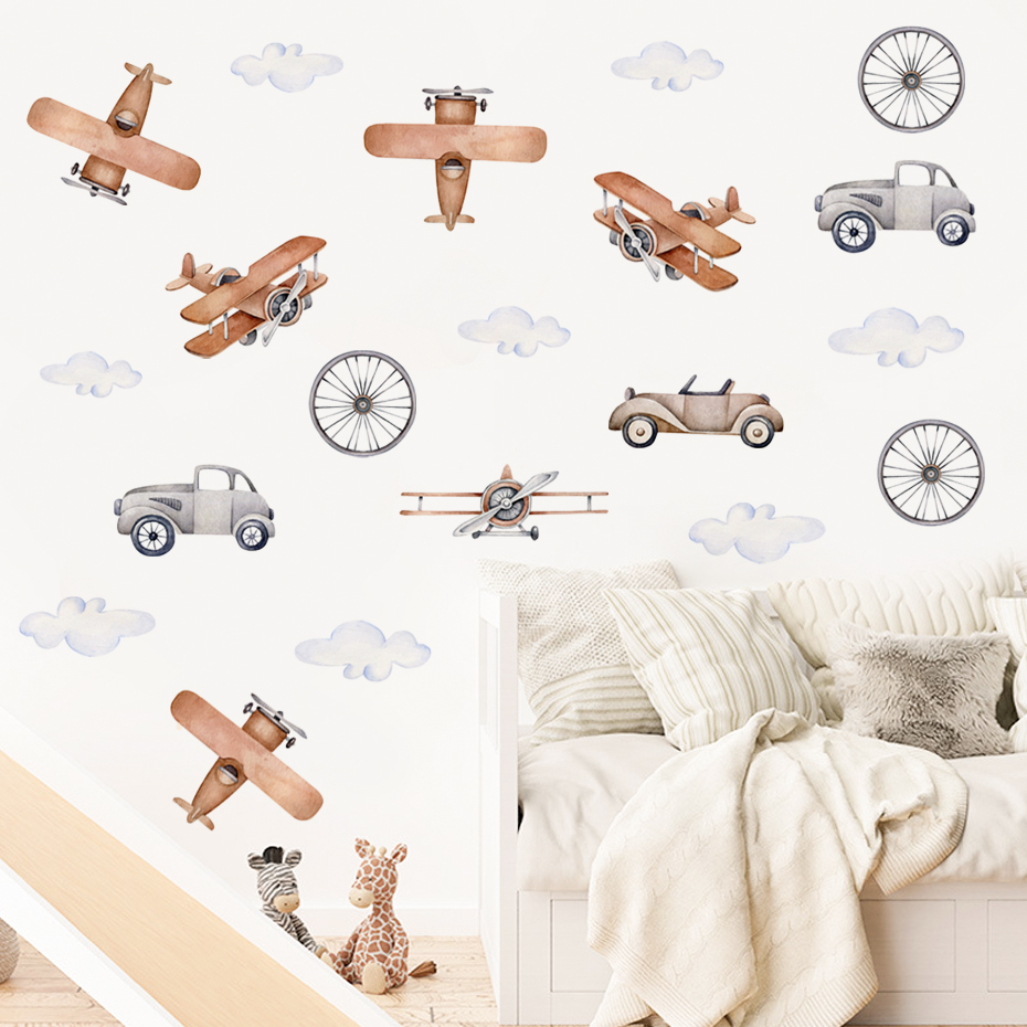 Watercolor Cartoon Airplane Tr - đánh giá và giá Wall Decal Nursery